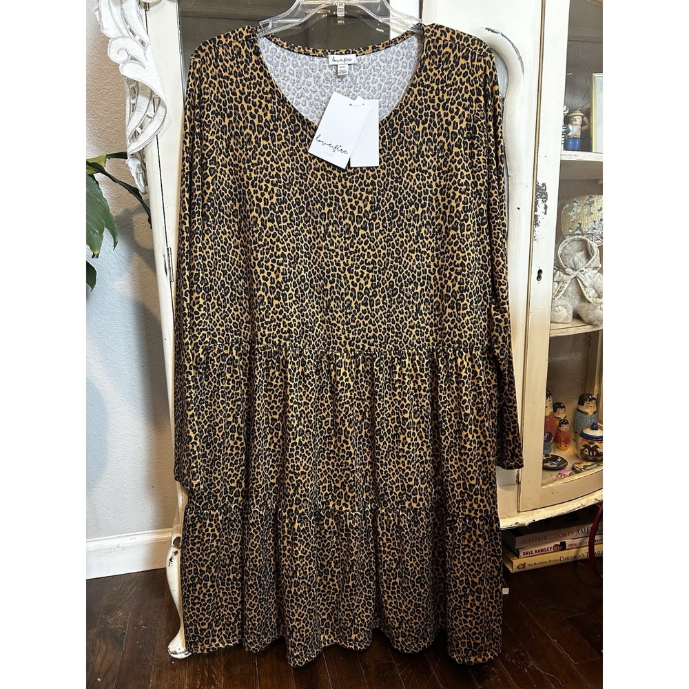 NEW! Love Fire Neutral Animal Print Long Sleeve Women's Dress 1X/1T